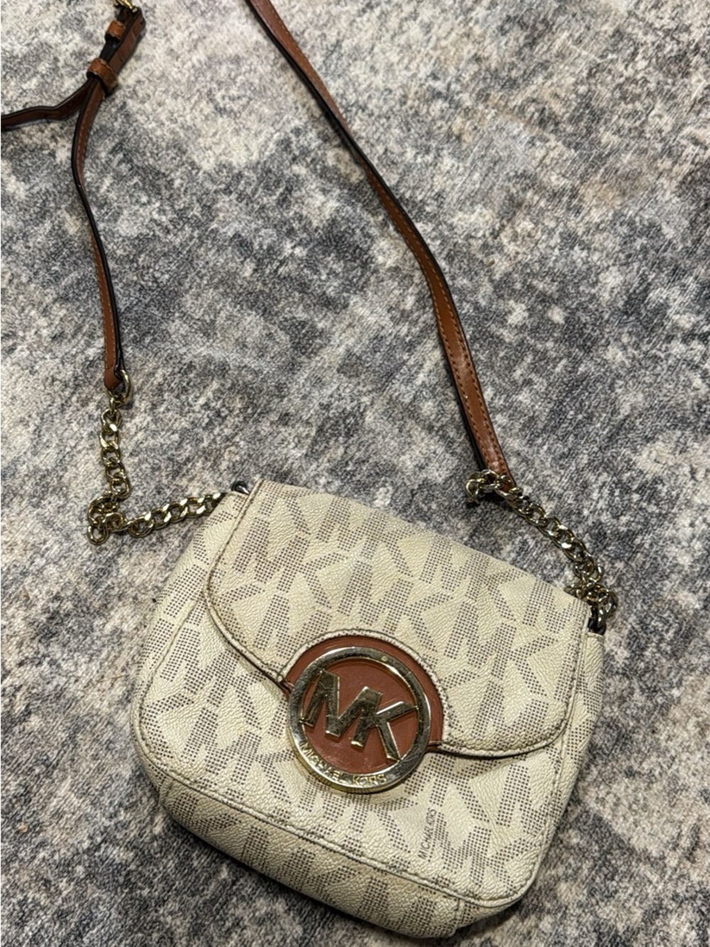 Michael Kors Cream Signature Crossbody with Tan Trim and Gold Hardware